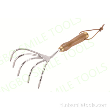 Mataas na kalidad na limang-ngipin na maluwag na lupa rake komportableng kahoy na hawakan rake grass rake gardening tool